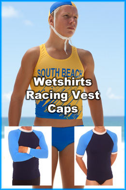 Matching team wetshirts, racing vests and caps are ideal for surf clubs